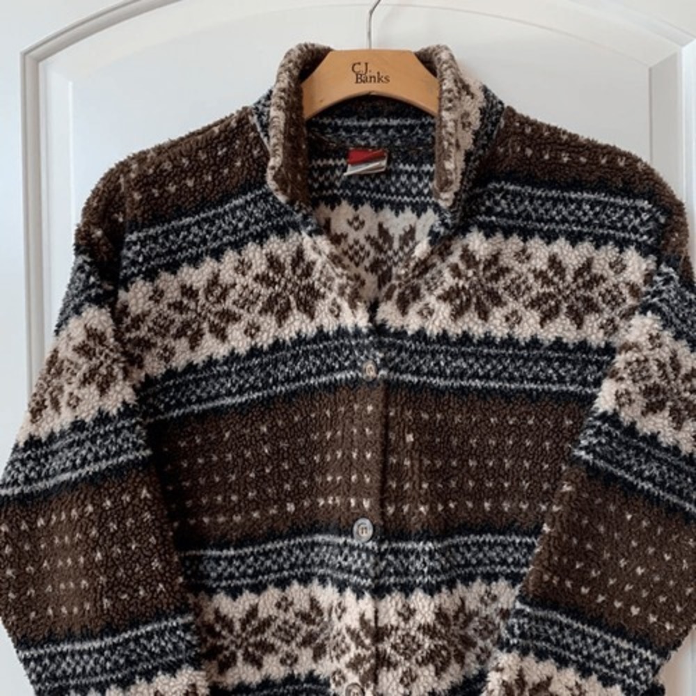 Fair Isle Coat Fleece Brown Palmettos Snowflake Jacket medium vintage - Picture 3 of 6
